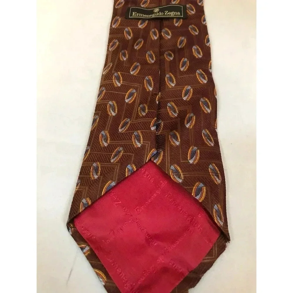Ermenegildo Zegna Brown Abstract Circular Geometric 100% Silk Classic Neck Tie